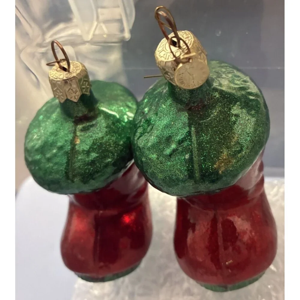 Set of 2 Dept 56 Blown Glass Red & Green Glitter Santa Boot Ornaments 3.5